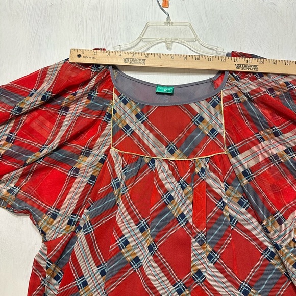 Freeway Women’s Plaid Sheer Blouse Red Gray Tie Sleeve Scoop Neck Size M USA - Picture 2 of 10